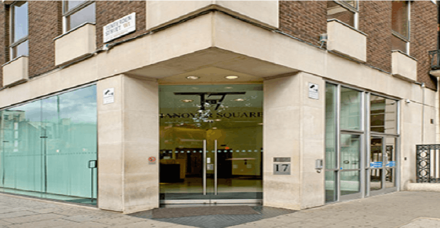 The entrance to the serviced office space property on Hanover Square