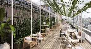 Seating on the roof terrace at the Victoria House offices in Holborn with some of the view of London in it