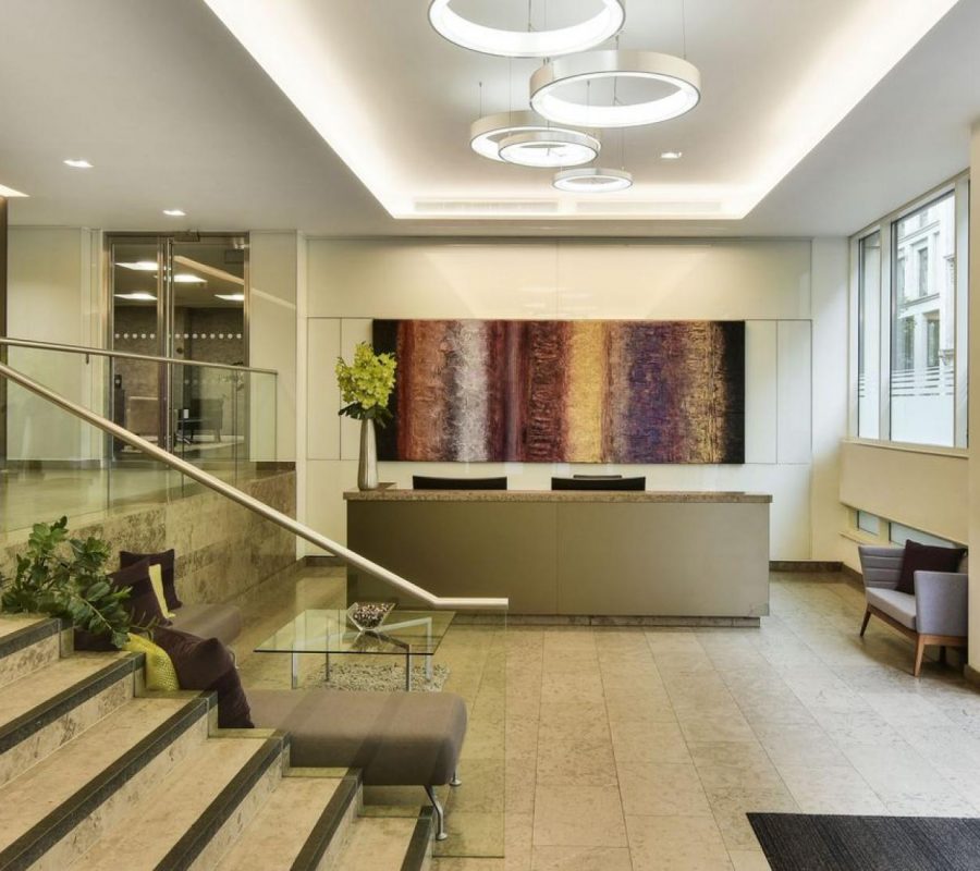 The entrance lobby of the office space on Gresham Street