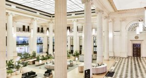 The grand lobby at the office space on Lothbury