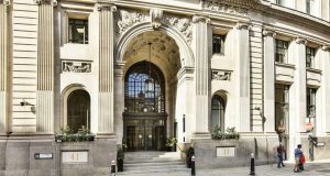 The imposing entrance of the office space building on Lothbury