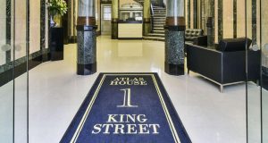 The grand entrance lobby at the luxury office space on King Street in the City of London