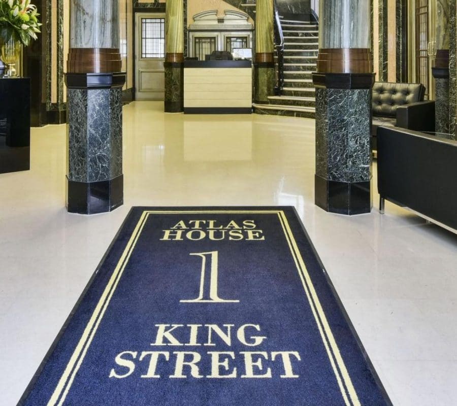 The grand entrance lobby at the luxury office space on King Street in the City of London