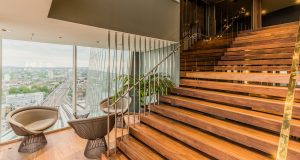 A shot of the wooden steps trvelling between the office space on the 24th and 25th floors of The Shard