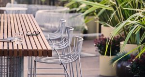 Varied seating options in the garden terrace at Douglas House