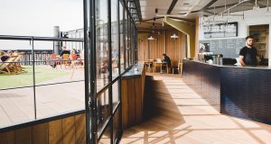 The terrace and coffee bar at The White Collar Factory premium office space in Old Street