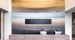 The tall reception lobby at Tintagel House in Vauxhall