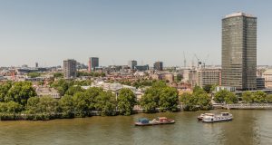 The view of London's skyline from the roof terrace at Tintagel House in Vauxhall