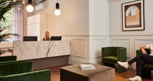 The marble reception desk at the luxurious office space at Marylebone Station