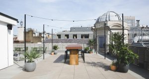 The roof terrace at the 91 Wimpole Street office building providing views over Marylebone