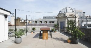 The roof terrace at the 91 Wimpole Street office building providing views over Marylebone