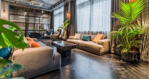 A break-out space with parquet flooring, comfortable couches and plant life at Henry Wood House