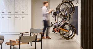 The bicycle rack and locker room area at The Smiths Building in Marylebone