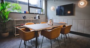 An IT-enabled meeting room at the Kirby Street office building in Farringdon