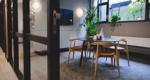 A small meeting room with biophilia and great natural light at the Kirby Street office building in Farringdon