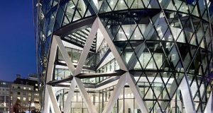 The entrance to the iconic office space at The Gherkin on St Mary Axe