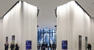The reception lobby at The Gherkin office building on St Mary Axe in the City of London