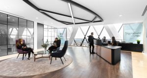 The welcome desk at The Gherkin serviced office space on St Mary Axe