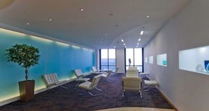 The reception area of the skyscraper office space at One Canada Square in Canary Wharf