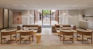 A seating area leading to an outdoor terrace at Chancery House office building in Holborn