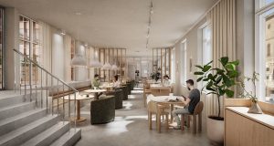 A relaxed coworking and eating area in Chancery House in Holborn in Midtown London