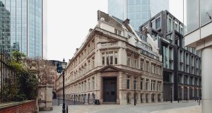 The corner entrance to the Warnford Court office building on Throgmorton Street