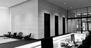The reception lobby at the signature office space at St Helens Place