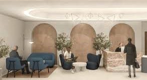 A CGI of the reception area to the luxury office space on Grosvenor Street in Mayfair