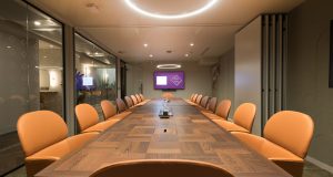 A state-of-the-art luxury meeting room at 50 Grosvenor Hill in Mayfair