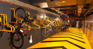 Secure bicycle storage racks underneath the premium Cannon Green office building in the City of London