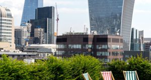 Deckchairs on the roof terrace of the Cannon Green building on Bush Lane in the City of London